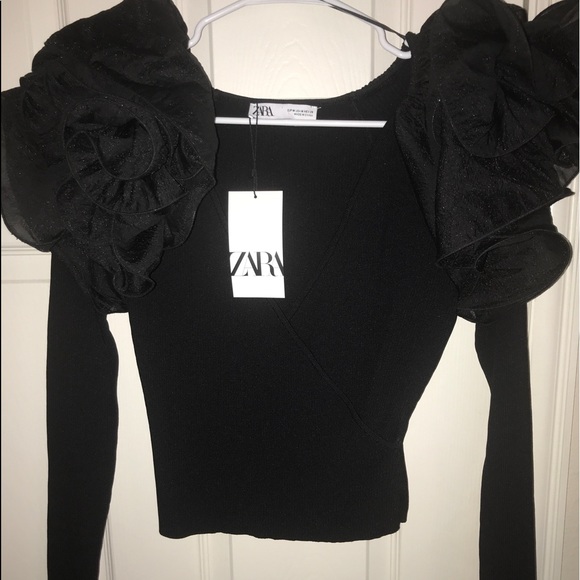 ZARA Limited Edition Black Dramatic Tulle Sleeve Floral Wrap Sweater Top - Picture 3 of 7